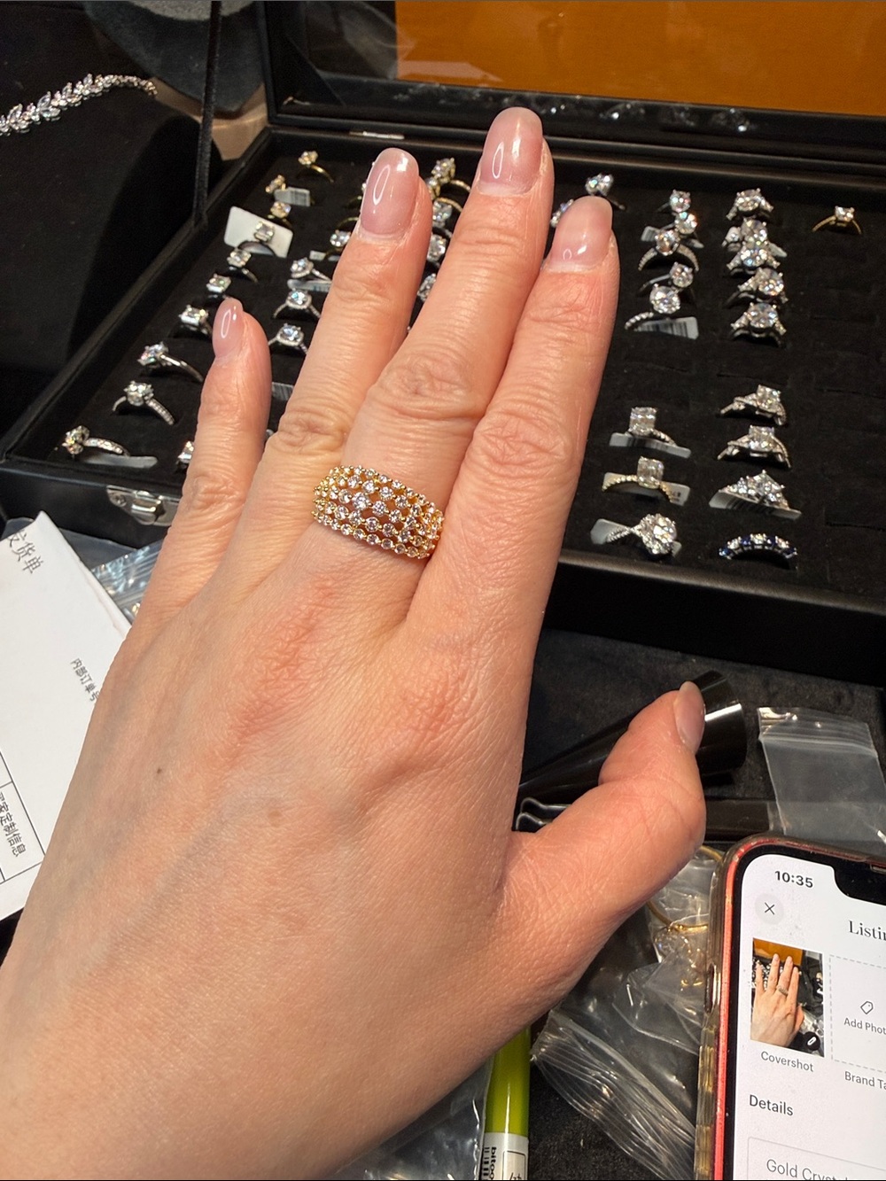 Elegant Gold and Crystal Pave Wide Band Ring - Women Jewelry